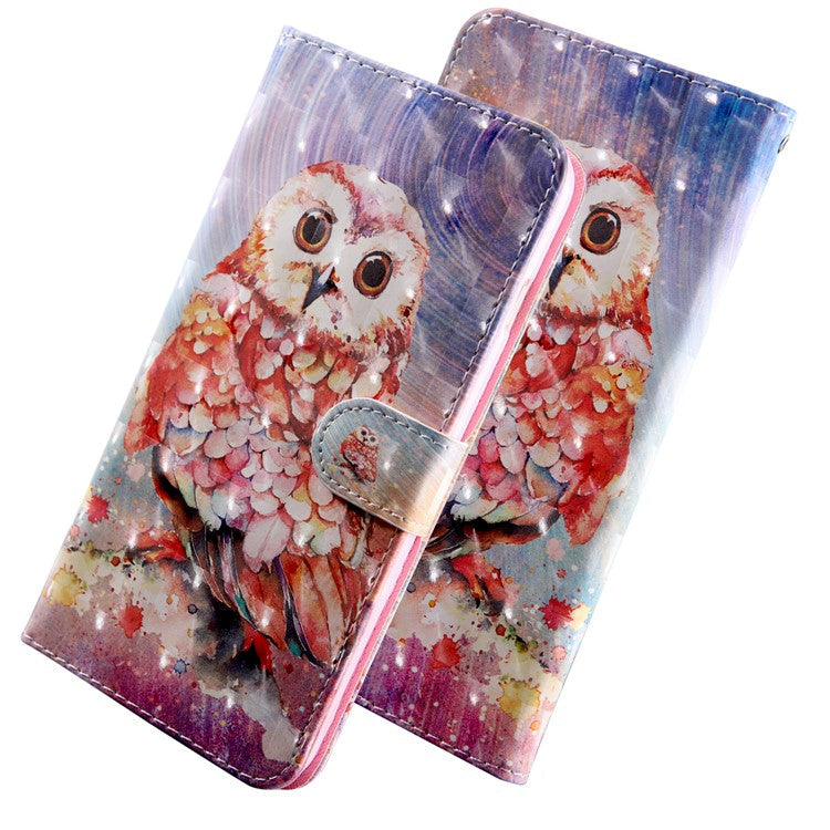 3D Pattern Printing PU Leather Soft TPU Inner Wallet Stand Flip Case with Strap for Oppo A16 / A16s / A54s / A54 4G / A55 5G - Owl
