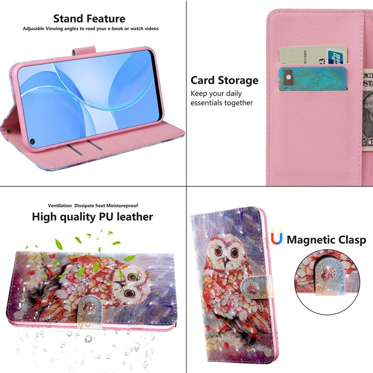 3D Pattern Printing PU Leather Soft TPU Inner Wallet Stand Flip Case with Strap for Oppo A16 / A16s / A54s / A54 4G / A55 5G - Owl
