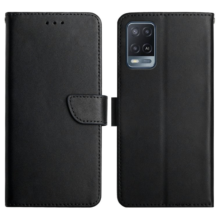 Nappa Texture Folio Flip Genuine Leather Phone Case Shockproof Magnetic Closure Stand Wallet Cover for Oppo A54 4G/A54s/A16/A16s - Black