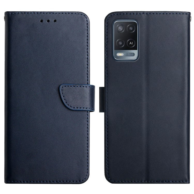Nappa Texture Folio Flip Genuine Leather Phone Case Shockproof Magnetic Closure Stand Wallet Cover for Oppo A54 4G/A54s/A16/A16s - Blue