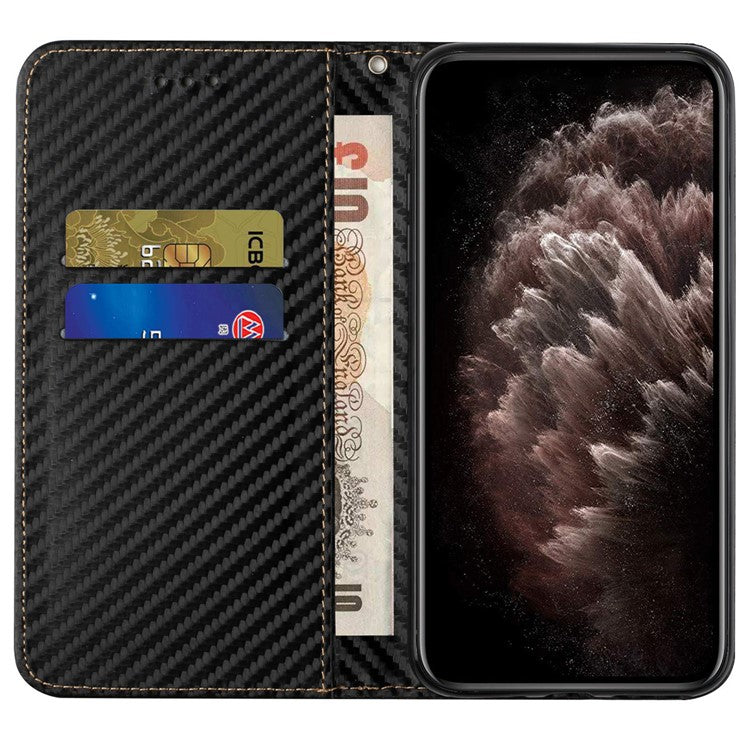 Carbon Fiber Texture PU Leather Case Auto Magnetic Closed Flip Stand Wallet Cover for Realme C21 - Black