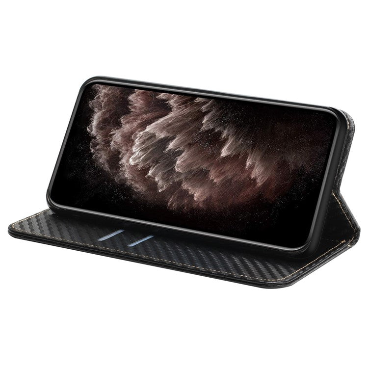 Carbon Fiber Texture PU Leather Case Auto Magnetic Closed Flip Stand Wallet Cover for Realme C21 - Black