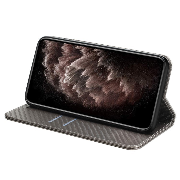 Carbon Fiber Texture PU Leather Case Auto Magnetic Closed Flip Stand Wallet Cover for Realme C21 - Grey