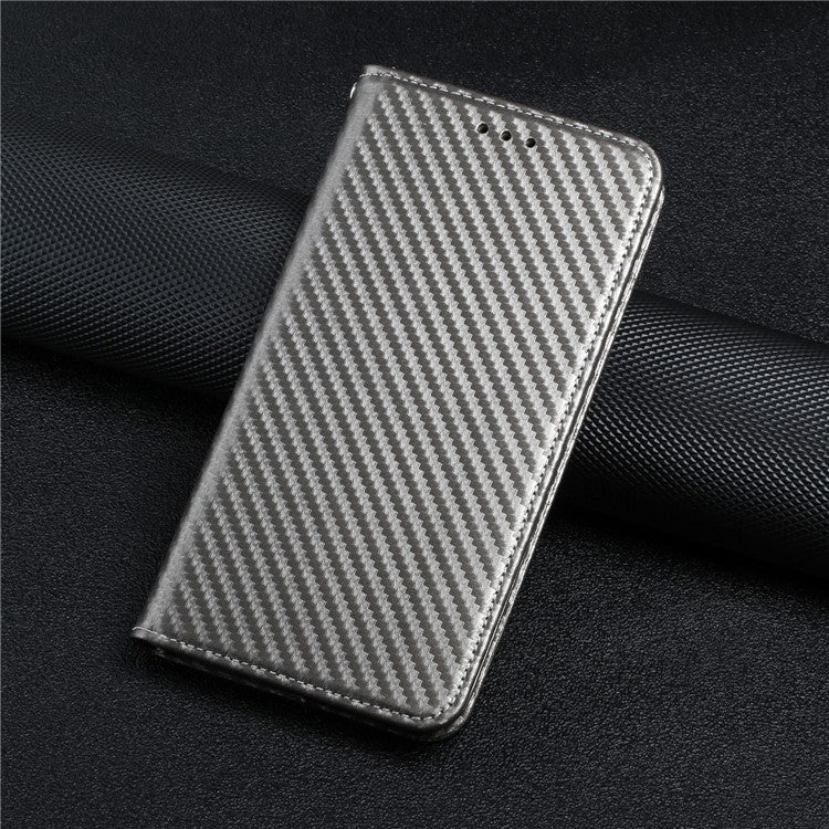Carbon Fiber Texture PU Leather Case Auto Magnetic Closed Flip Stand Wallet Cover for Realme C21 - Grey