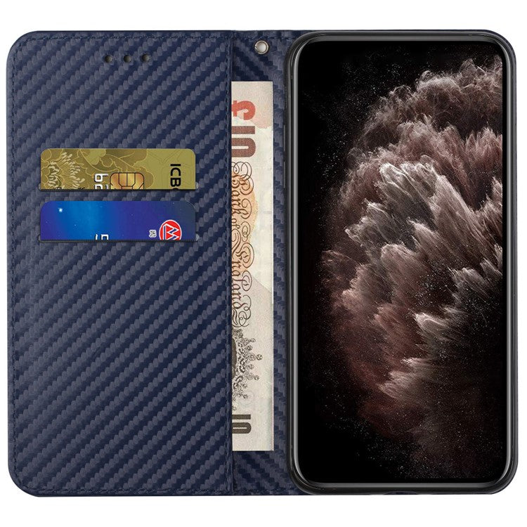 Carbon Fiber Texture PU Leather Case Auto Magnetic Closed Flip Stand Wallet Cover for Realme C21 - Blue
