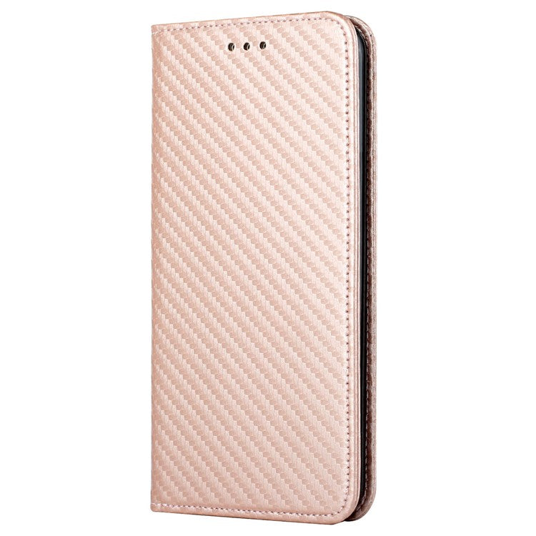 Carbon Fiber Texture PU Leather Case Auto Magnetic Closed Flip Stand Wallet Cover for Realme C21 - Rose Gold