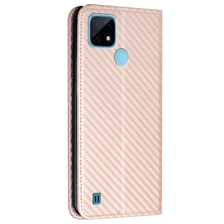 Carbon Fiber Texture PU Leather Case Auto Magnetic Closed Flip Stand Wallet Cover for Realme C21 - Rose Gold