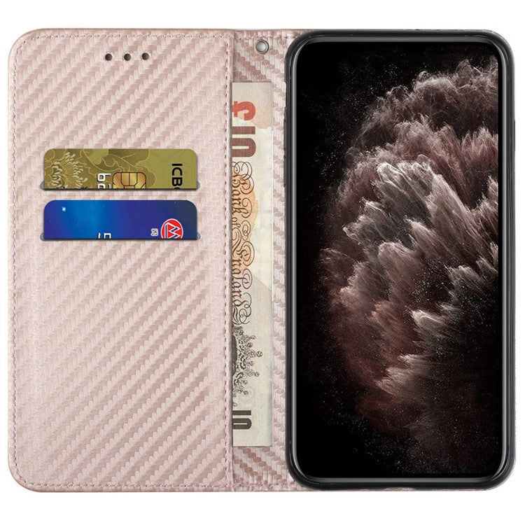 Carbon Fiber Texture PU Leather Case Auto Magnetic Closed Flip Stand Wallet Cover for Realme C21 - Rose Gold