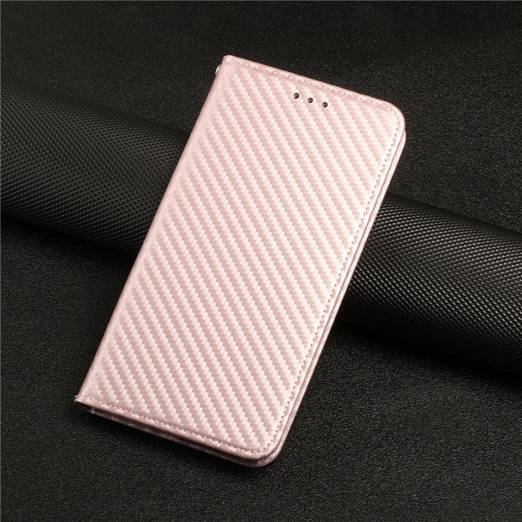 Carbon Fiber Texture PU Leather Case Auto Magnetic Closed Flip Stand Wallet Cover for Realme C21 - Rose Gold