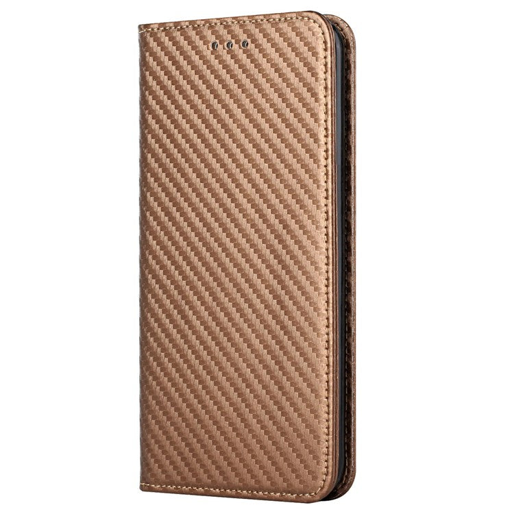 Carbon Fiber Texture PU Leather Case Auto Magnetic Closed Flip Stand Wallet Cover for Realme C21 - Brown