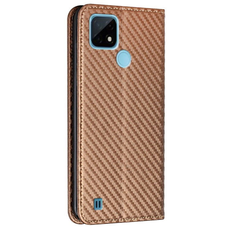 Carbon Fiber Texture PU Leather Case Auto Magnetic Closed Flip Stand Wallet Cover for Realme C21 - Brown