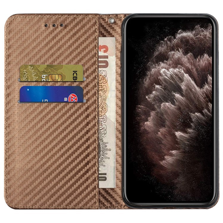 Carbon Fiber Texture PU Leather Case Auto Magnetic Closed Flip Stand Wallet Cover for Realme C21 - Brown