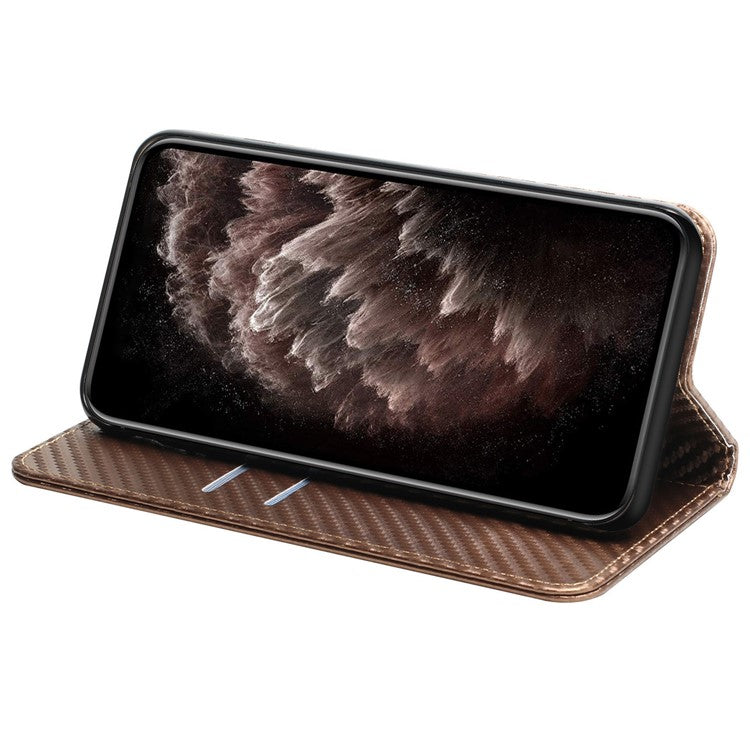 Carbon Fiber Texture PU Leather Case Auto Magnetic Closed Flip Stand Wallet Cover for Realme C21 - Brown