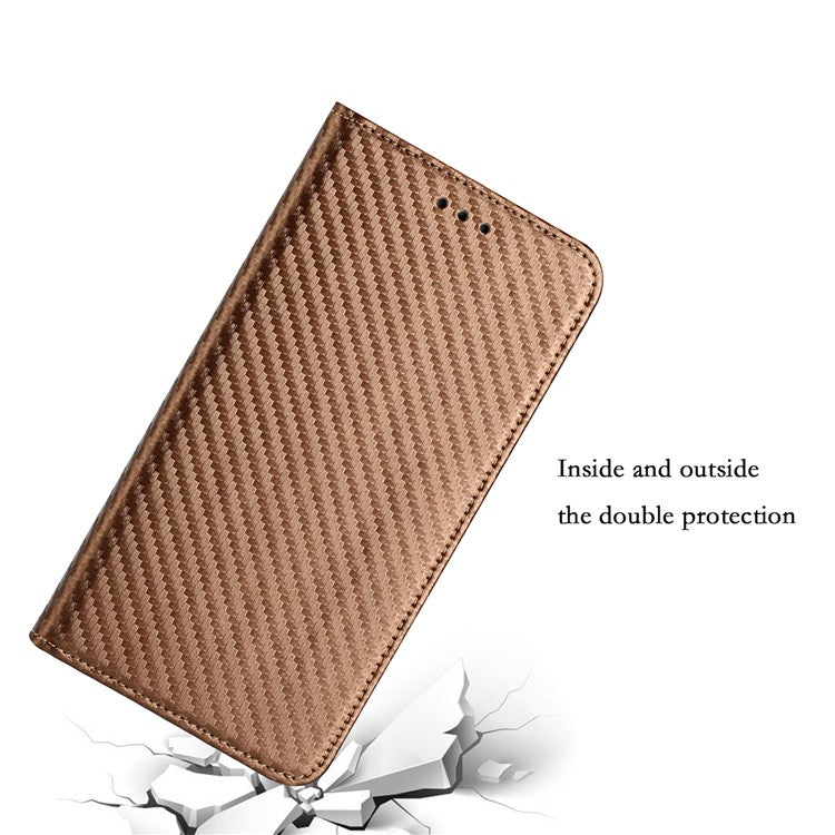 Carbon Fiber Texture PU Leather Case Auto Magnetic Closed Flip Stand Wallet Cover for Realme C21 - Brown