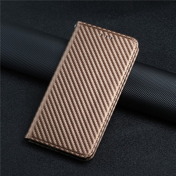 Carbon Fiber Texture PU Leather Case Auto Magnetic Closed Flip Stand Wallet Cover for Realme C21 - Brown