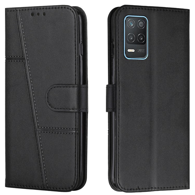 Splicing Leather Cover Horizontal Flip Stand Wallet Phone Case with Wrist Strap for Realme 8 5G/V13 5G/Narzo 30 5G - Black