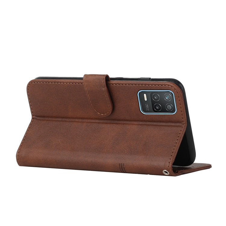 Splicing Leather Cover Horizontal Flip Stand Wallet Phone Case with Wrist Strap for Realme 8 5G/V13 5G/Narzo 30 5G - Brown