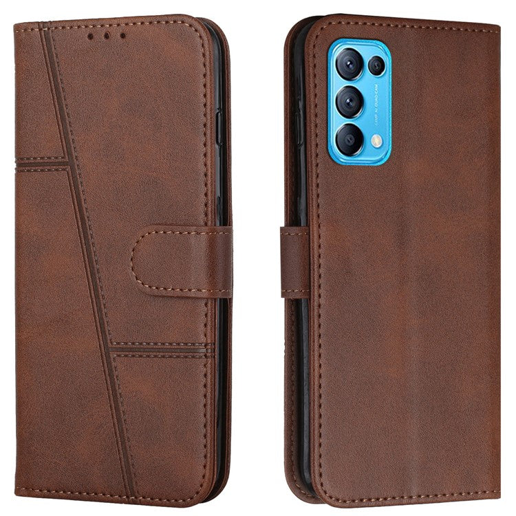 Stitching Lines Anti-fingerprint PU Leather Phone Protector Stand Wallet Cover Case for Oppo Reno5 4G/5G/Reno5 K/Find X3 Lite - Brown