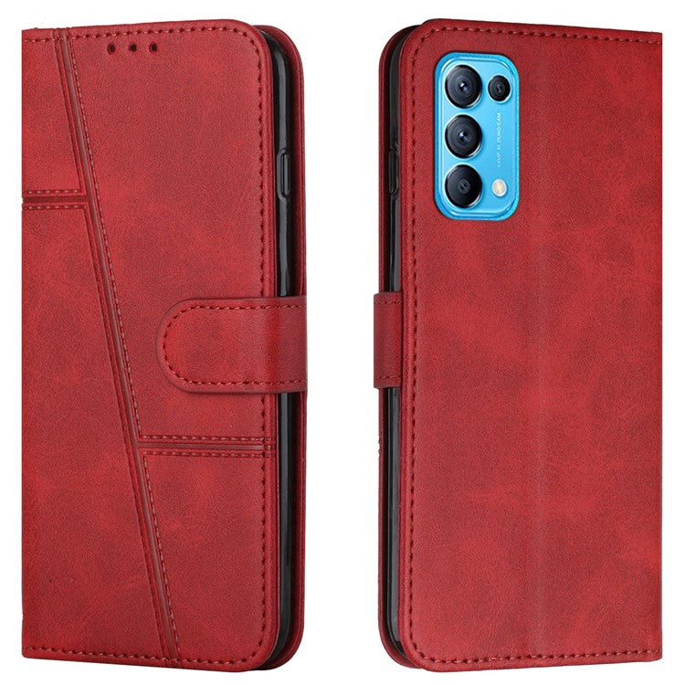 Stitching Lines Anti-fingerprint PU Leather Phone Protector Stand Wallet Cover Case for Oppo Reno5 4G/5G/Reno5 K/Find X3 Lite - Red