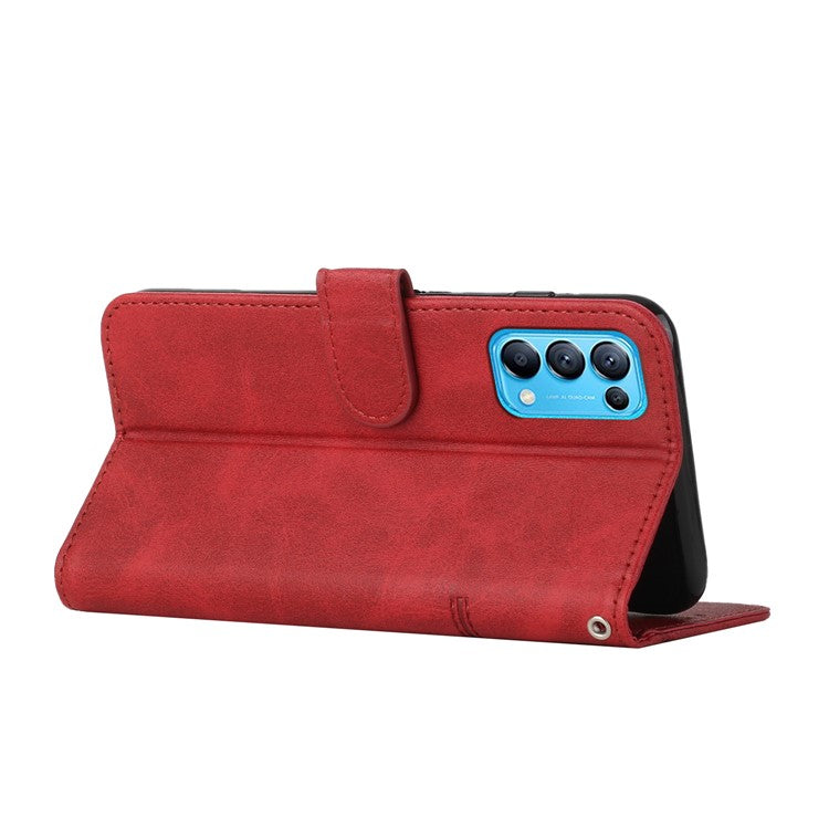 Stitching Lines Anti-fingerprint PU Leather Phone Protector Stand Wallet Cover Case for Oppo Reno5 4G/5G/Reno5 K/Find X3 Lite - Red