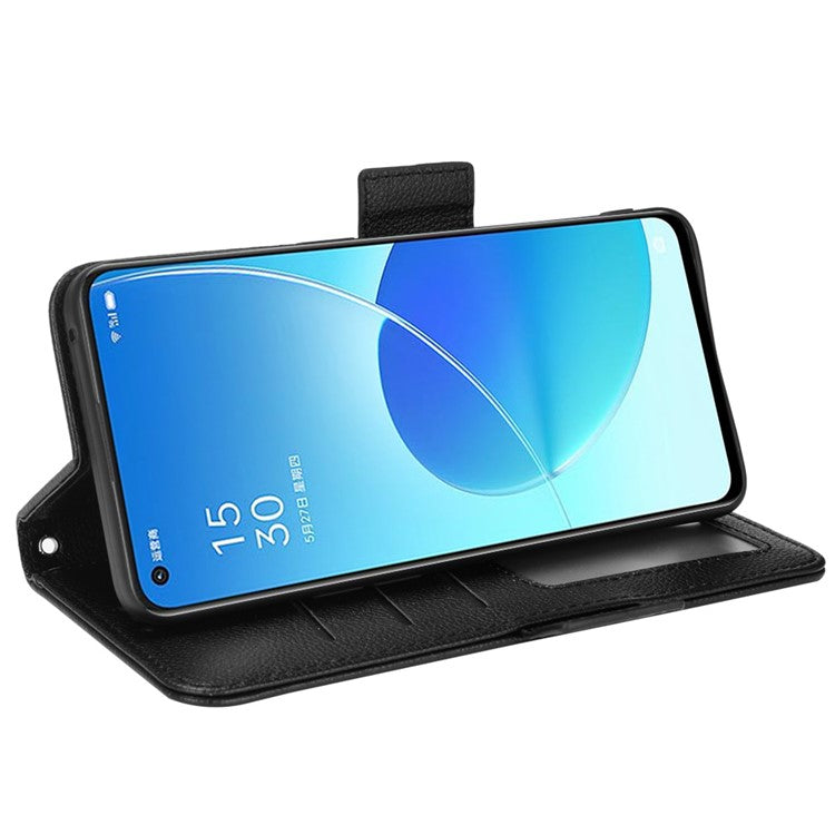 Litchi Texture PU Leather Stand Wallet Case Well-protected Double Magnetic Clasp Drop-proof Flip Cover for Oppo Reno6 5G - Black