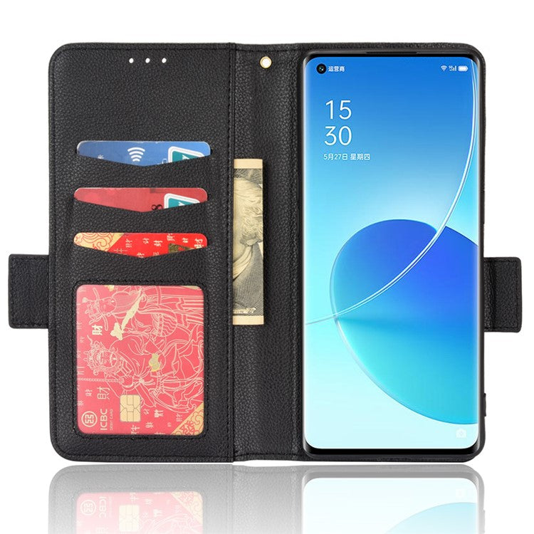 Well-protected Double Magnetic Clasp Litchi Texture PU Leather Stand Wallet Case Shell for Oppo Reno6 Pro+ 5G/Reno6 Pro 5G (Snapdragon) - Black