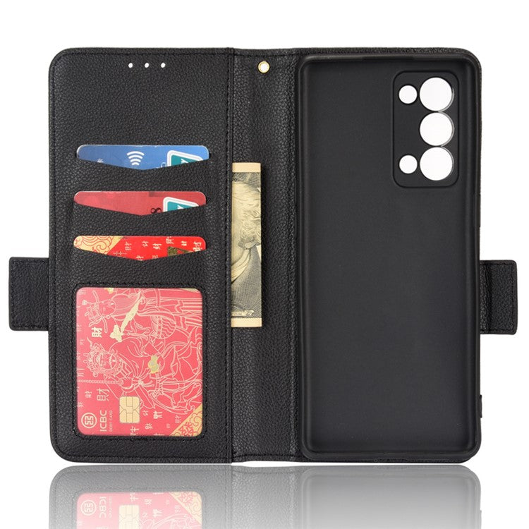 Well-protected Double Magnetic Clasp Litchi Texture PU Leather Stand Wallet Case Shell for Oppo Reno6 Pro+ 5G/Reno6 Pro 5G (Snapdragon) - Black
