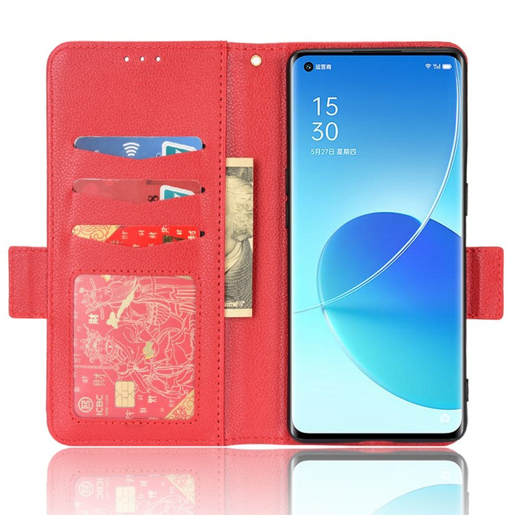 Well-protected Double Magnetic Clasp Litchi Texture PU Leather Stand Wallet Case Shell for Oppo Reno6 Pro+ 5G/Reno6 Pro 5G (Snapdragon) - Red