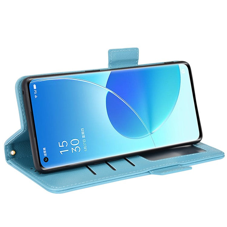 Well-protected Double Magnetic Clasp Litchi Texture PU Leather Stand Wallet Case Shell for Oppo Reno6 Pro+ 5G/Reno6 Pro 5G (Snapdragon) - Baby Blue