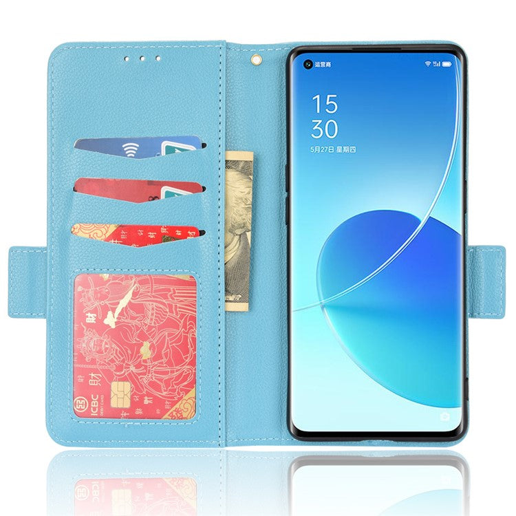 Well-protected Double Magnetic Clasp Litchi Texture PU Leather Stand Wallet Case Shell for Oppo Reno6 Pro+ 5G/Reno6 Pro 5G (Snapdragon) - Baby Blue