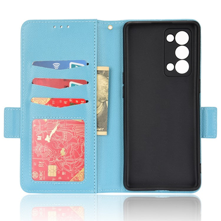Well-protected Double Magnetic Clasp Litchi Texture PU Leather Stand Wallet Case Shell for Oppo Reno6 Pro+ 5G/Reno6 Pro 5G (Snapdragon) - Baby Blue