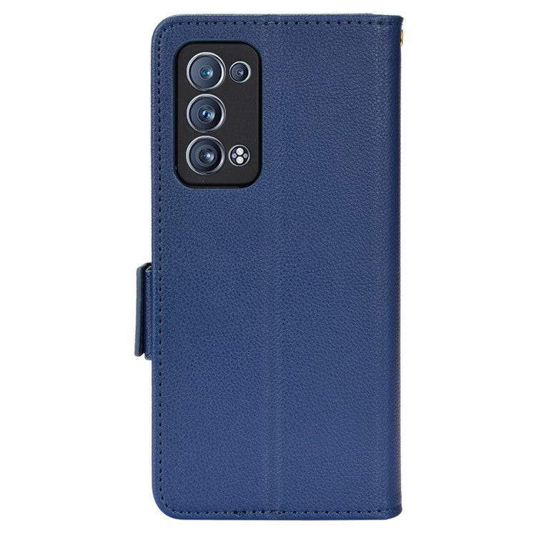 Well-protected Double Magnetic Clasp Litchi Texture PU Leather Stand Wallet Case Shell for Oppo Reno6 Pro+ 5G/Reno6 Pro 5G (Snapdragon) - Dark Blue