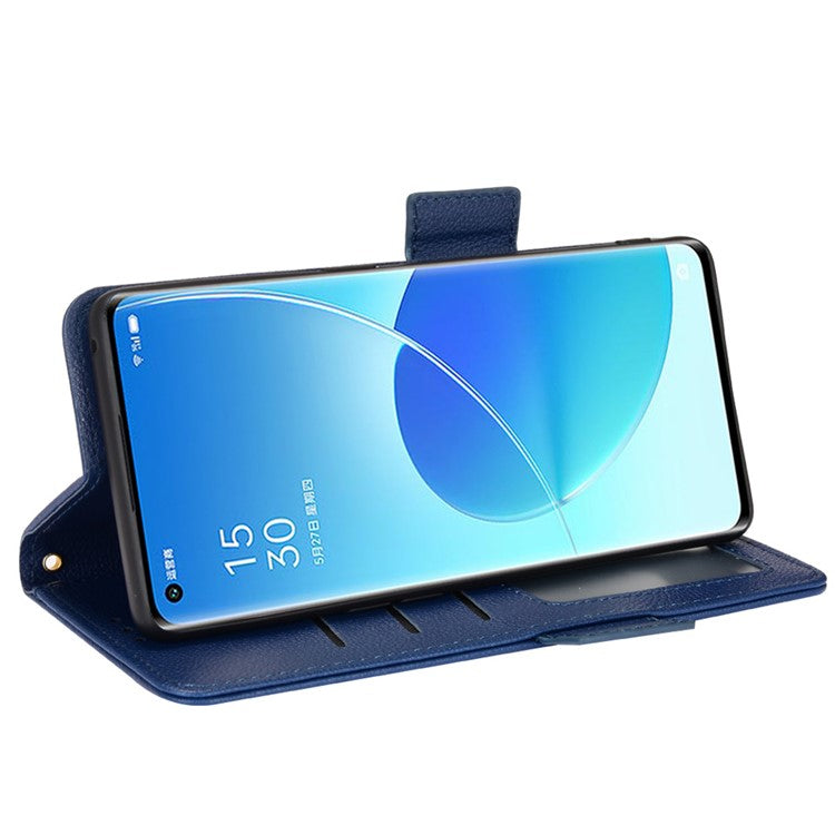 Well-protected Double Magnetic Clasp Litchi Texture PU Leather Stand Wallet Case Shell for Oppo Reno6 Pro+ 5G/Reno6 Pro 5G (Snapdragon) - Dark Blue