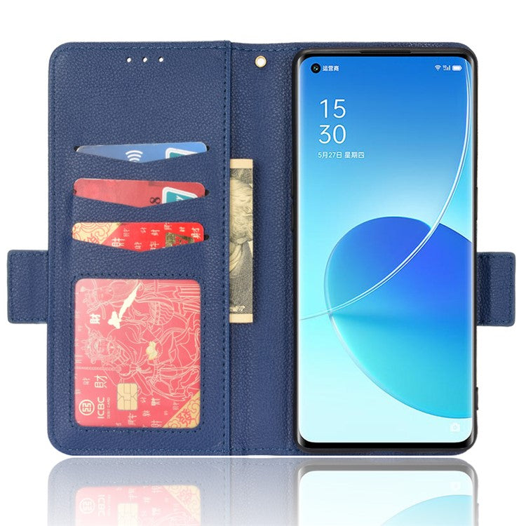 Well-protected Double Magnetic Clasp Litchi Texture PU Leather Stand Wallet Case Shell for Oppo Reno6 Pro+ 5G/Reno6 Pro 5G (Snapdragon) - Dark Blue