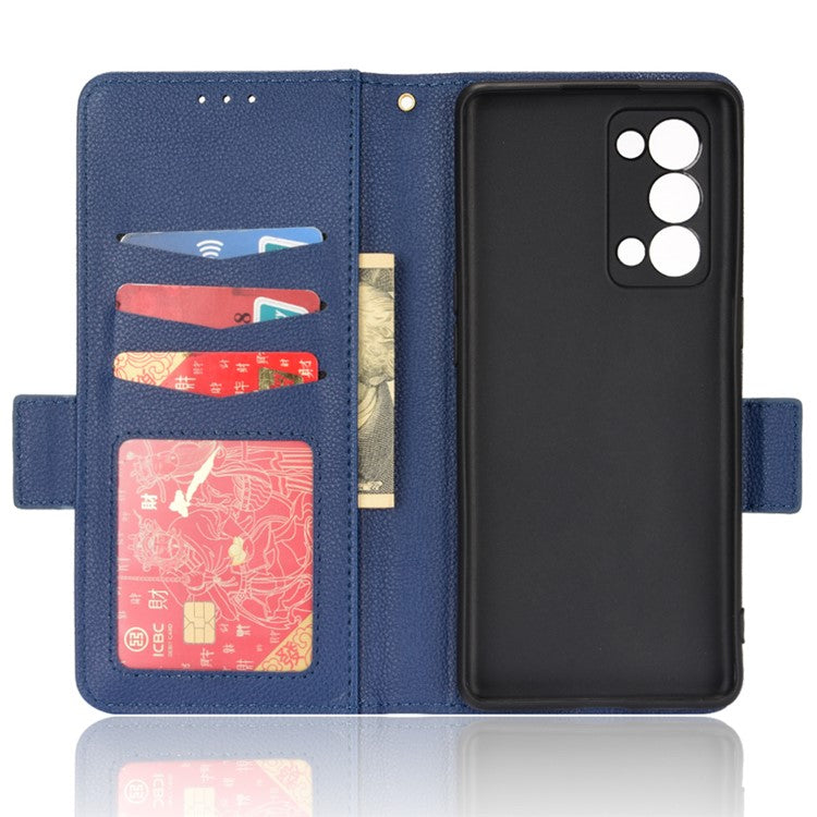 Well-protected Double Magnetic Clasp Litchi Texture PU Leather Stand Wallet Case Shell for Oppo Reno6 Pro+ 5G/Reno6 Pro 5G (Snapdragon) - Dark Blue