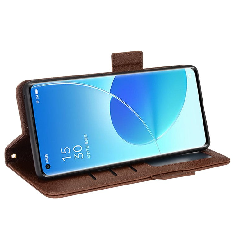 Well-protected Double Magnetic Clasp Litchi Texture PU Leather Stand Wallet Case Shell for Oppo Reno6 Pro+ 5G/Reno6 Pro 5G (Snapdragon) - Brown