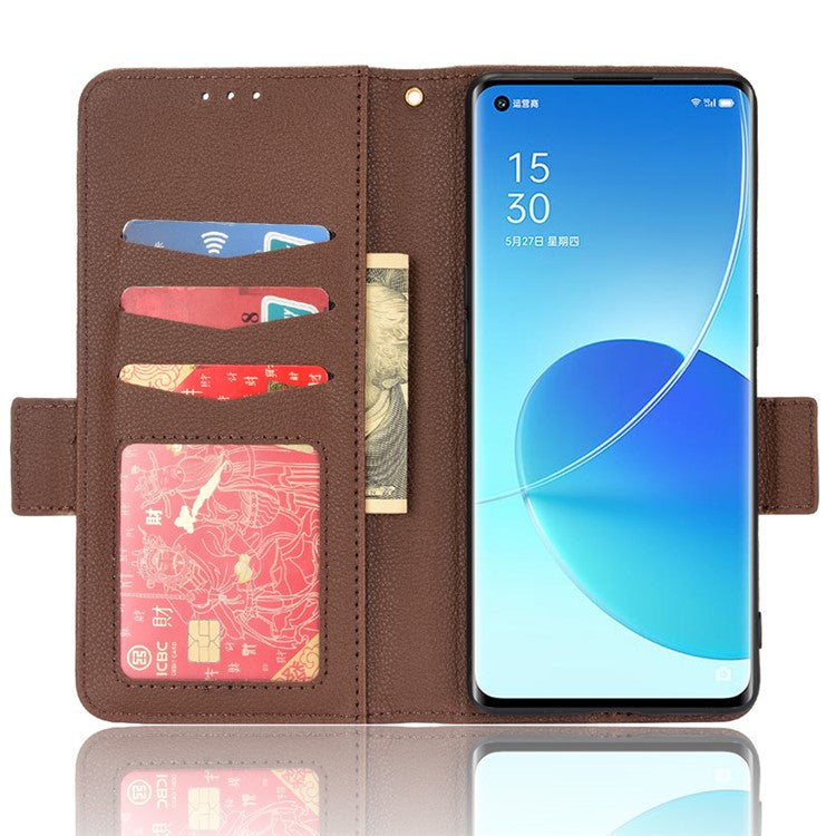 Well-protected Double Magnetic Clasp Litchi Texture PU Leather Stand Wallet Case Shell for Oppo Reno6 Pro+ 5G/Reno6 Pro 5G (Snapdragon) - Brown