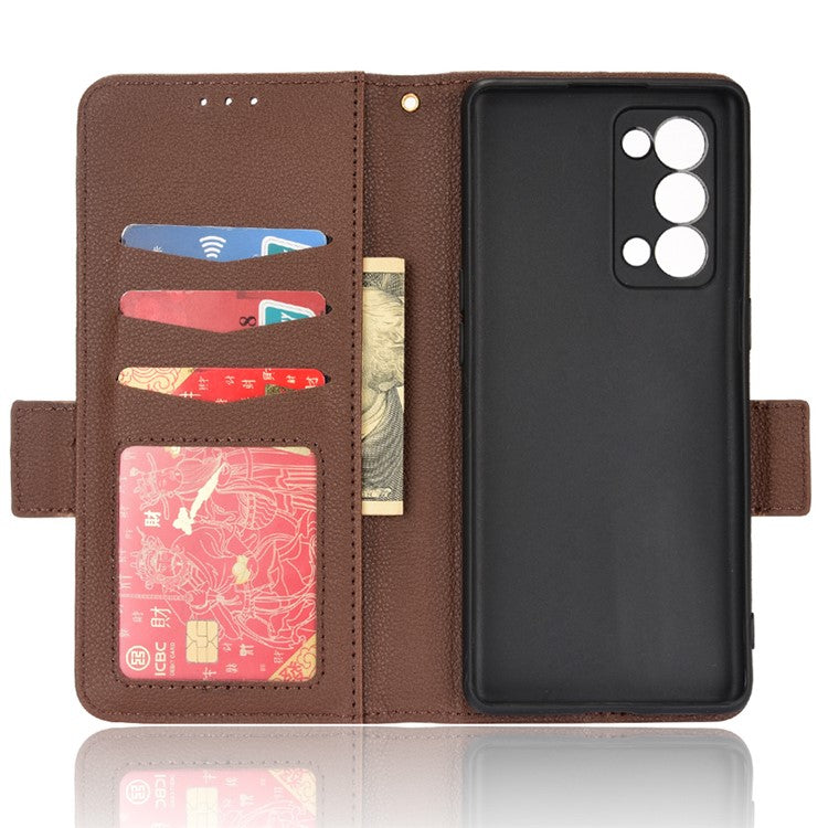 Well-protected Double Magnetic Clasp Litchi Texture PU Leather Stand Wallet Case Shell for Oppo Reno6 Pro+ 5G/Reno6 Pro 5G (Snapdragon) - Brown