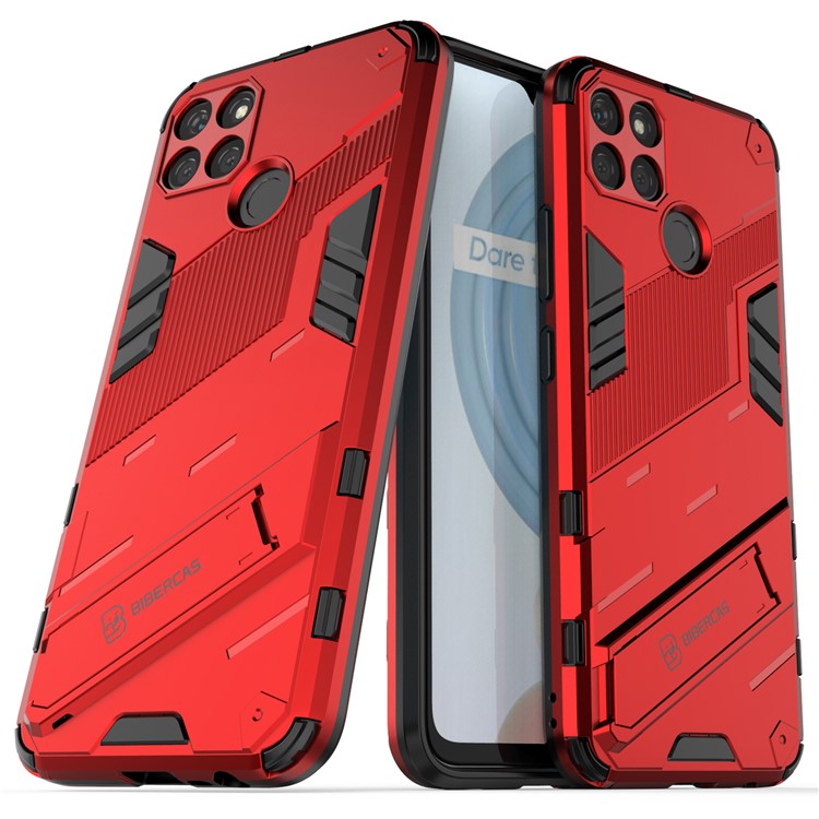 Kickstand Soft Flexible TPU + Hard PC Back Anti-Scratch Phone Cover for Realme C21Y - Red