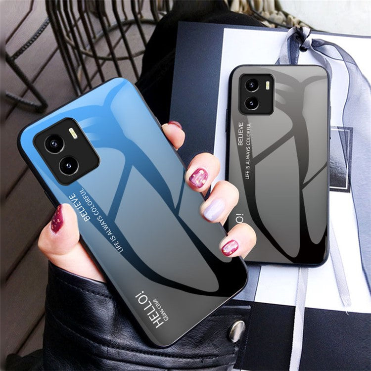 Gradient Color Anti-drop Stylish Tempered Glass Hybrid Protective Cover Phone Case for vivo Y15s / Y15a - Black