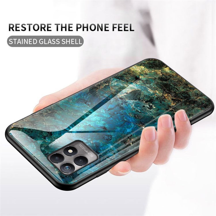 Anti-scratch Tempered Glass+TPU Phone Back Shell Lightweight Thin Marble Pattern Case Cover for Realme 8i/Narzo 50 4G - Blood Red Marble