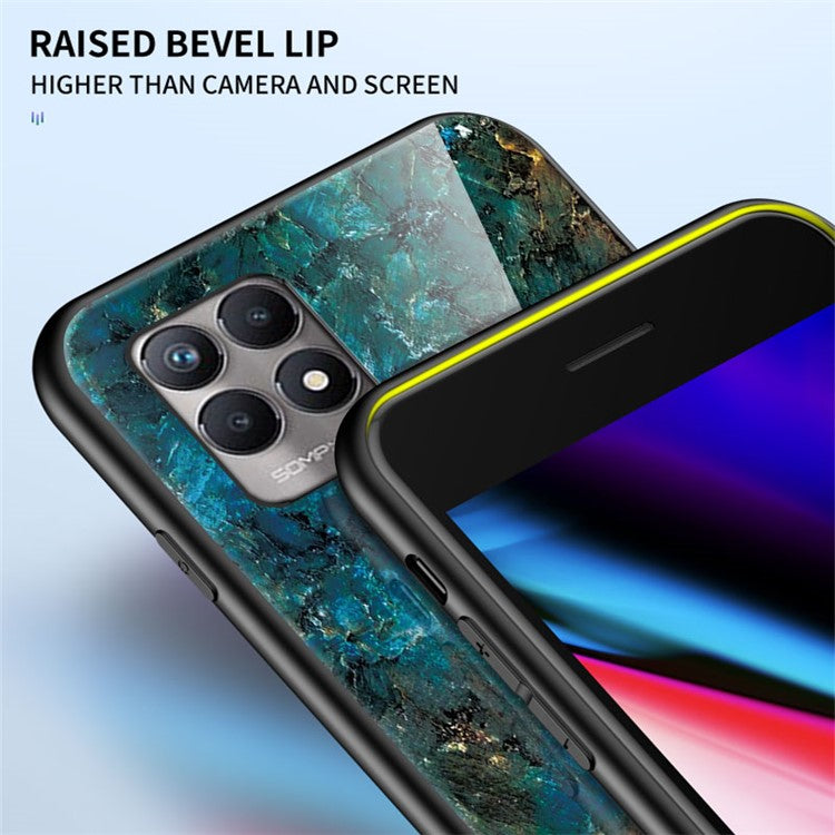Anti-scratch Tempered Glass+TPU Phone Back Shell Lightweight Thin Marble Pattern Case Cover for Realme 8i/Narzo 50 4G - Blood Red Marble