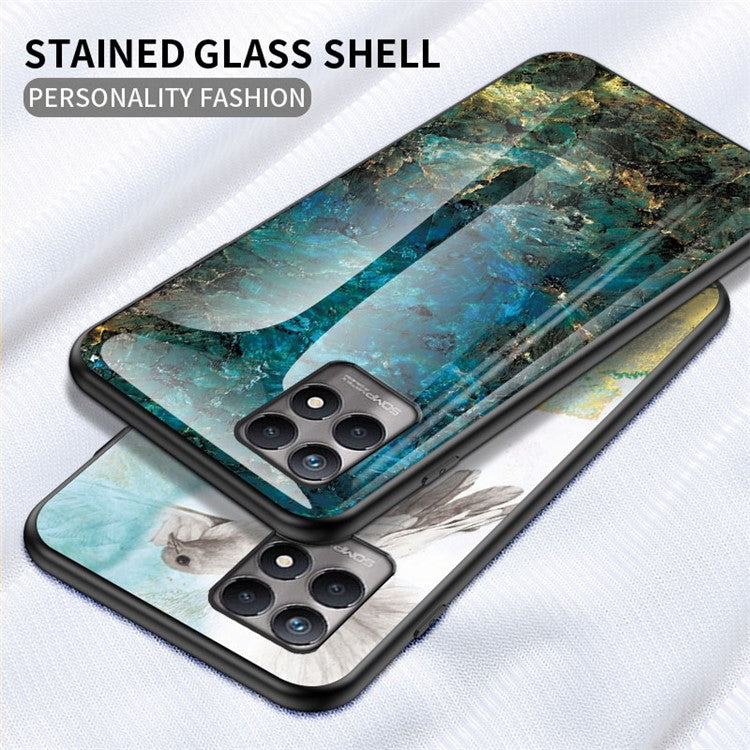 Anti-scratch Tempered Glass+TPU Phone Back Shell Lightweight Thin Marble Pattern Case Cover for Realme 8i/Narzo 50 4G - White Marble
