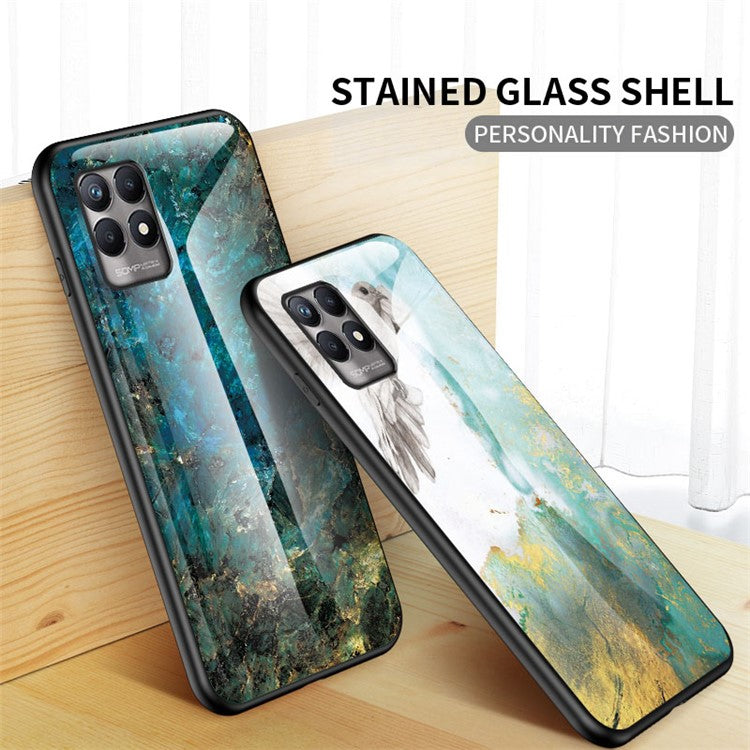 Anti-scratch Tempered Glass+TPU Phone Back Shell Lightweight Thin Marble Pattern Case Cover for Realme 8i/Narzo 50 4G - White Marble