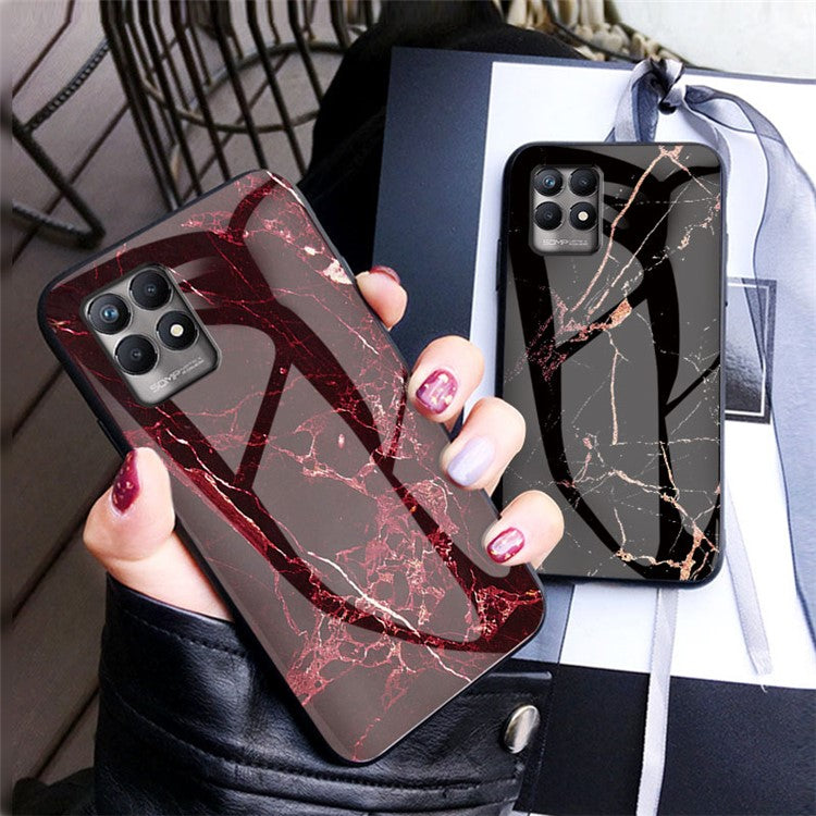 Anti-scratch Tempered Glass+TPU Phone Back Shell Lightweight Thin Marble Pattern Case Cover for Realme 8i/Narzo 50 4G - White Marble