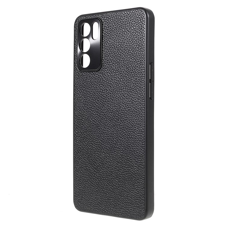 Litchi Texture Genuine Leather Coating TPU + PC Shockproof Phone Case Cover for Oppo Reno6 5G - Black