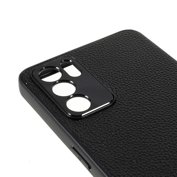 Litchi Texture Genuine Leather Coating TPU + PC Shockproof Phone Case Cover for Oppo Reno6 5G - Black