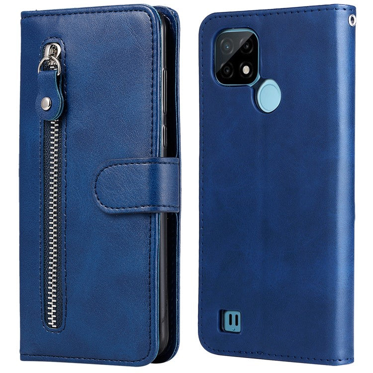 Shockproof Anti-scratch Phone Covering PU Leather Zippered Pocket Phone Case Coin Wallet Stand Folding Case for Realme C21Y/C21/C25Y - Blue