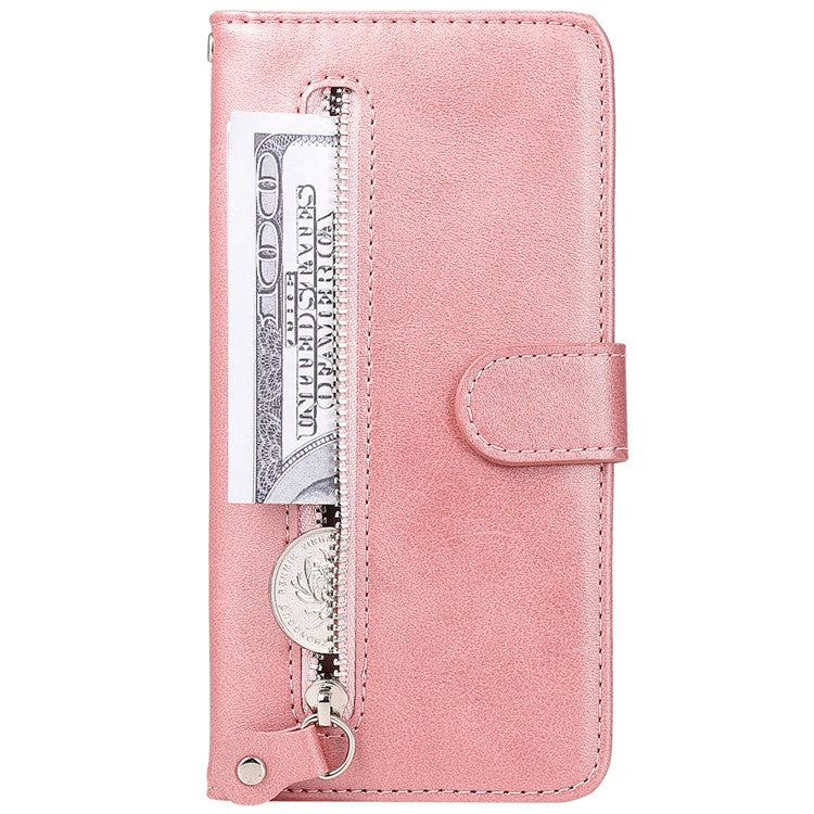 Shockproof Anti-scratch Phone Covering PU Leather Zippered Pocket Phone Case Coin Wallet Stand Folding Case for Realme C21Y/C21/C25Y - Rose Gold