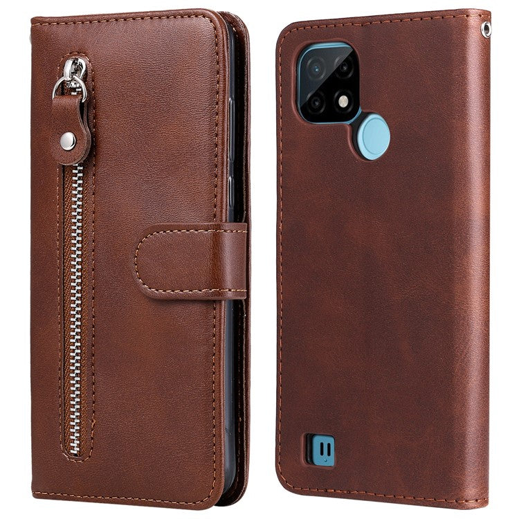 Shockproof Anti-scratch Phone Covering PU Leather Zippered Pocket Phone Case Coin Wallet Stand Folding Case for Realme C21Y/C21/C25Y - Brown